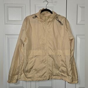 Light Yellow Hooded Windbreaker Jacket, Size Medium, Fold Away Hood w/Pockets